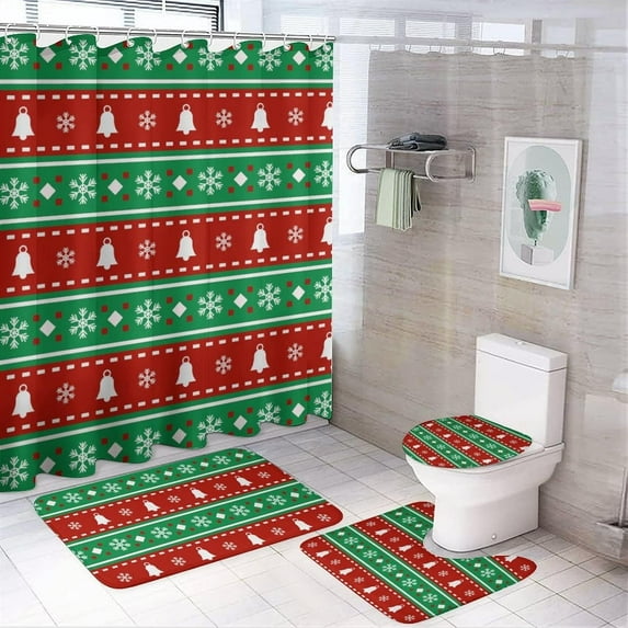 4 Pcs Xmas Shower Curtain Sets, Christmas Bells 4 Piece Bathroom Shower Curtains Decor Set with Non-Slip Rug, Toilet Lid Cover and Bath Mat, for Family Dormitory Decoration Use, 71 x 71 Inch