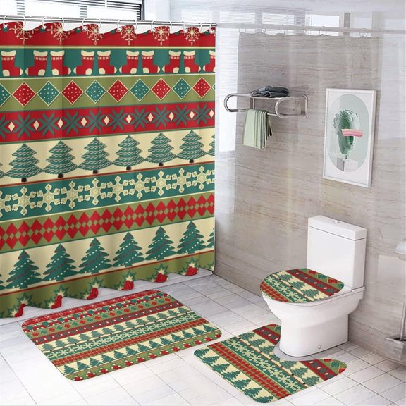 4 Pcs Xmas Shower Curtain Sets, Christmas Bells 4 Piece Bathroom Shower Curtains Decor Set with Non-Slip Rug, Toilet Lid Cover and Bath Mat, for Family Dormitory Decoration Use, 71 x 71 Inch