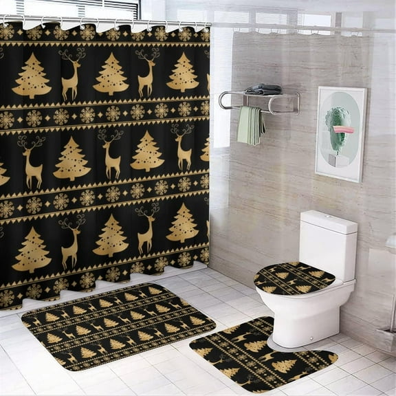 4 Pcs Xmas Shower Curtain Sets, Christmas Bells 4 Piece Bathroom Shower Curtains Decor Set with Non-Slip Rug, Toilet Lid Cover and Bath Mat, for Family Dormitory Decoration Use, 71 x 71 Inch