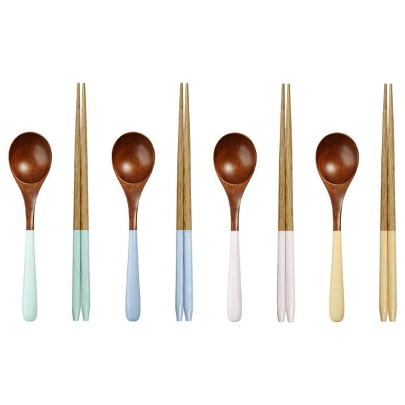 4 Pcs Japanese Minimalist Tableware Set,Wooden Spoon and Chopstick Set,Natural wood with Colorful Handles,Long-Lasting,for Daily Use and Table Setting