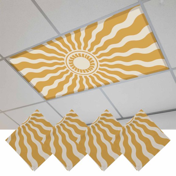 4 Pcs Yellow Beige Radiant Sun Fluorescent Light Covers Abstract Wavy Sunbeams Rings Boho Eclectic Magnetic Light Covers for Ceiling Lights 4 x 2 ft Drop Ceiling Lights Cover Shade for Office, Home,