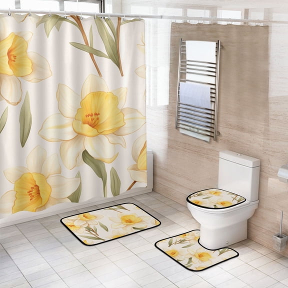 4 Pcs Yellow Flower Bathroom Shower Curtain Set with 12 Hooks Bath Mat Toilet Lid Cover