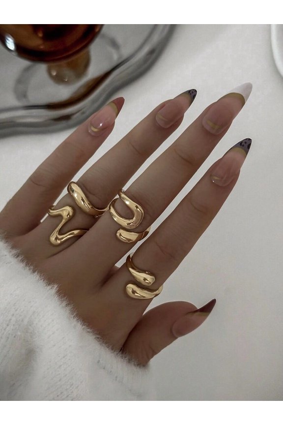 4 Pcs Yellow Gold Retro Geometric Liquid Asymmetrical Open Ring Set For Women