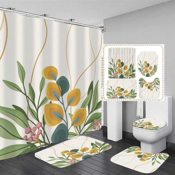 4 Pcs Yellow and Green Shower Curtain Sets, Green Plant Leaf Bathroom Decor Sets with Rugs, Shower Curtain Non-Slip Rug Toilet Lid Cover Bath Mat and 12 Plastic Hooks