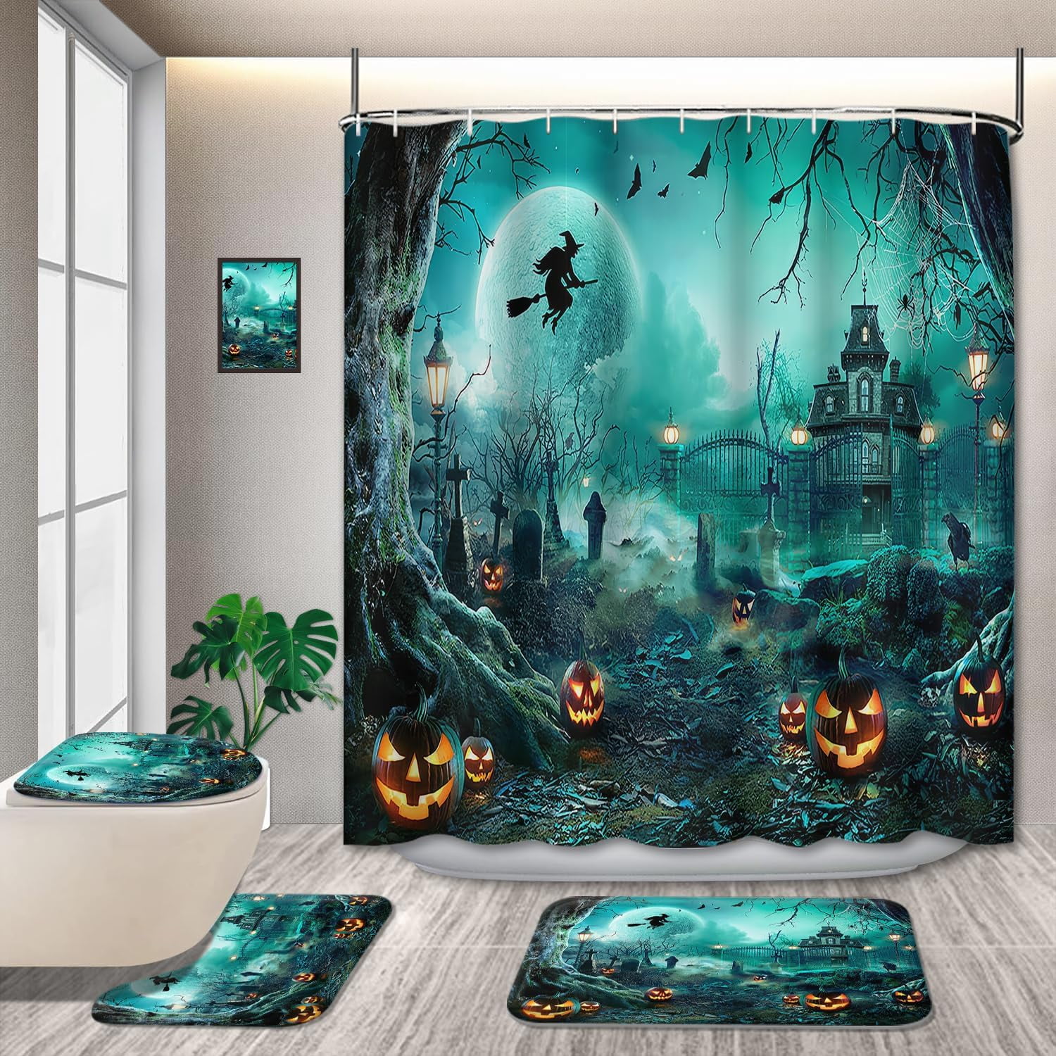 4 Pcs happy Halloween Shower Curtain Set, with NonSlip Rugs,Toilet Lid