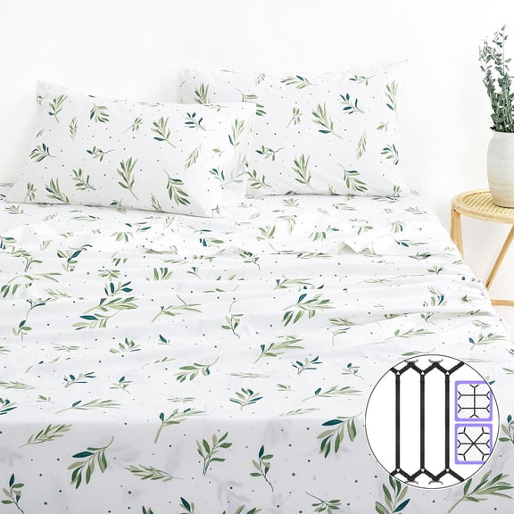4 Peice Botanical Cotton Sheet Set Queen Size with Deep Pockets & 3  Adjustable Sheet Straps - Green White