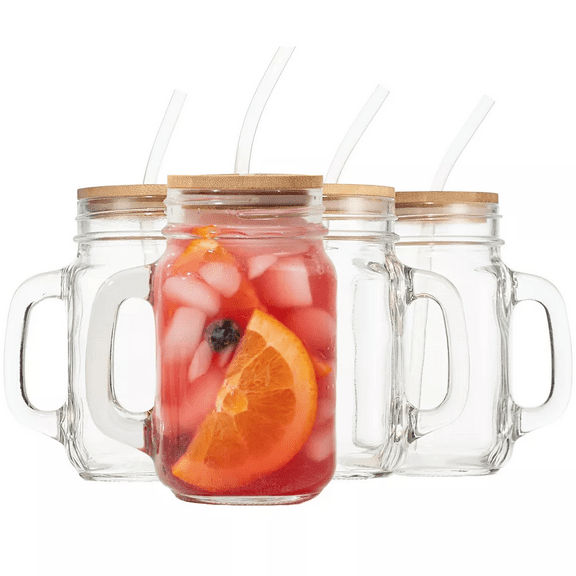 16 oz Glass Mason Drinking Jars with Bamboo Lids and Straw, Set of 4