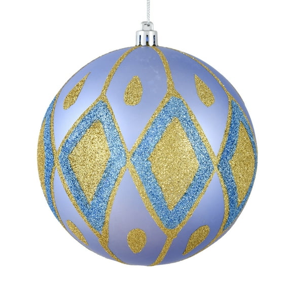 Vickerman 4" Periwinkle Matte Ball with Glitter Diamond Pattern. Add variety and sparkle to your holiday arrangement with this matte ornament that features a glitter pattern. Includes 4 pieces per bag