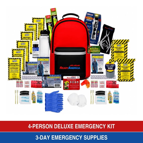 Ready America 4-Person Deluxe 72-Hour Emergency Backpack with Food, Water, First Aid & Power Station