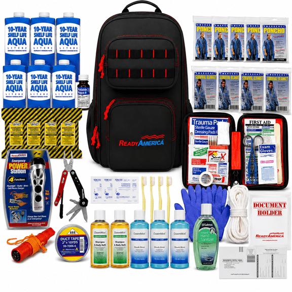 Ready America Durable Professional Emergency Backpack with Power Station, Lightsticks, Black, 68 Pieces
