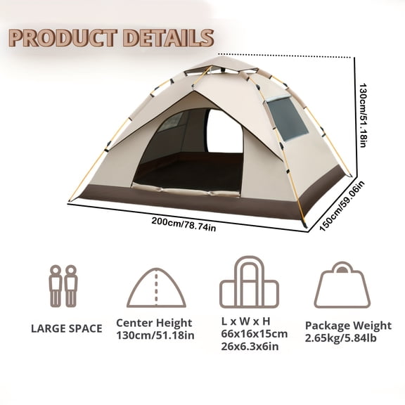 4-Person Automatic Pop-Up Camping Tent 78×78×59 Inches, 2 Doors 2 Windows, Oxford Cloth, Fiberglass Frame, Mosquito-Proof, Zipper Closure, Ideal for Camping, Fishing, Hiking