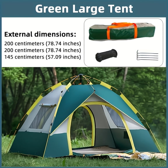4-Person Automatic Pop-Up Tent | Dark Green with UV Protection, Insect Net, Sunshade, Zipper Closure - Spacious for Camping, Beach, Park | Sturdy Fiber Support Pole