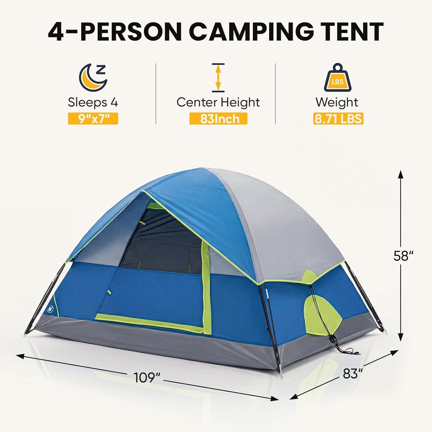 4-Person Camping Tent Lightweight Waterproof Windproof Dome Tent with Rainfly for Outdoor Hiking Backpacking Beach
