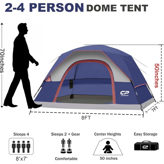4 Person Tent Waterproof Windproof Double Layer Dome Camping Tent with Large Mesh Windows for Outdoor Hiking
