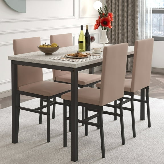 4-Person Dining Set, Modern Marble Dining Set, Includes Four PU Leather Upholstered Chairs, Rectangular Dining Table, Suitable for Apartments, Kitchens, and Dining Rooms.