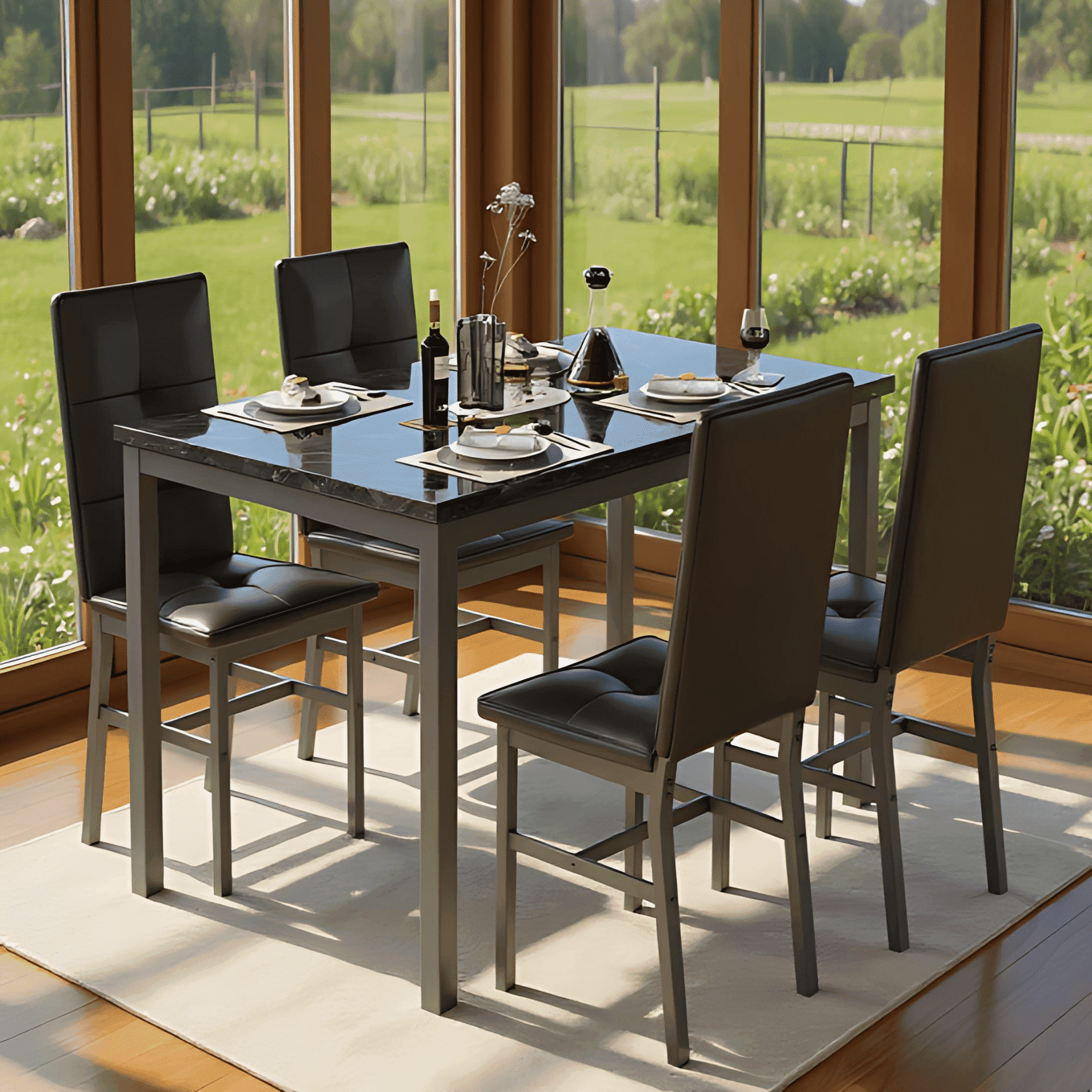 4-Person Dining Set: Modern Marble-Effect Dining Table with 4 PU Leather Upholstered Chairs. Kitchen dining furniture suitable for kitchens, dining rooms, and apartments.