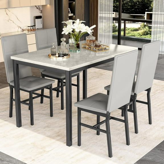 4-Person Dining Set: Modern Marble-Effect Dining Table with 4 PU Leather Upholstered Chairs. Kitchen dining furniture suitable for kitchens, dining rooms, and apartments.