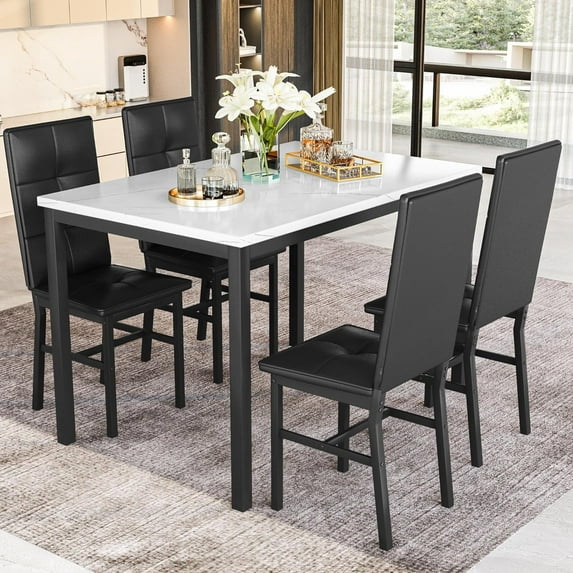4-Person Dining Set: Modern Marble-Effect Dining Table with 4 PU Leather Upholstered Chairs. Kitchen dining furniture suitable for kitchens, dining rooms, and apartments.