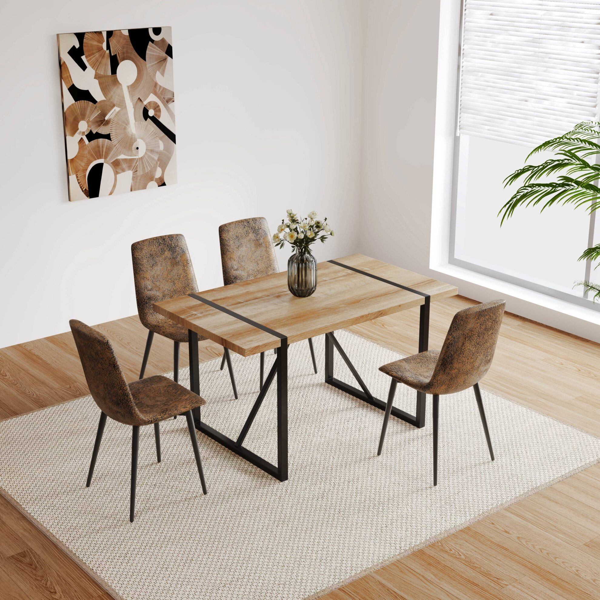 4-Person Dining Table Set with 4 Suede Chairs and 1 Dining Table, MDF ...
