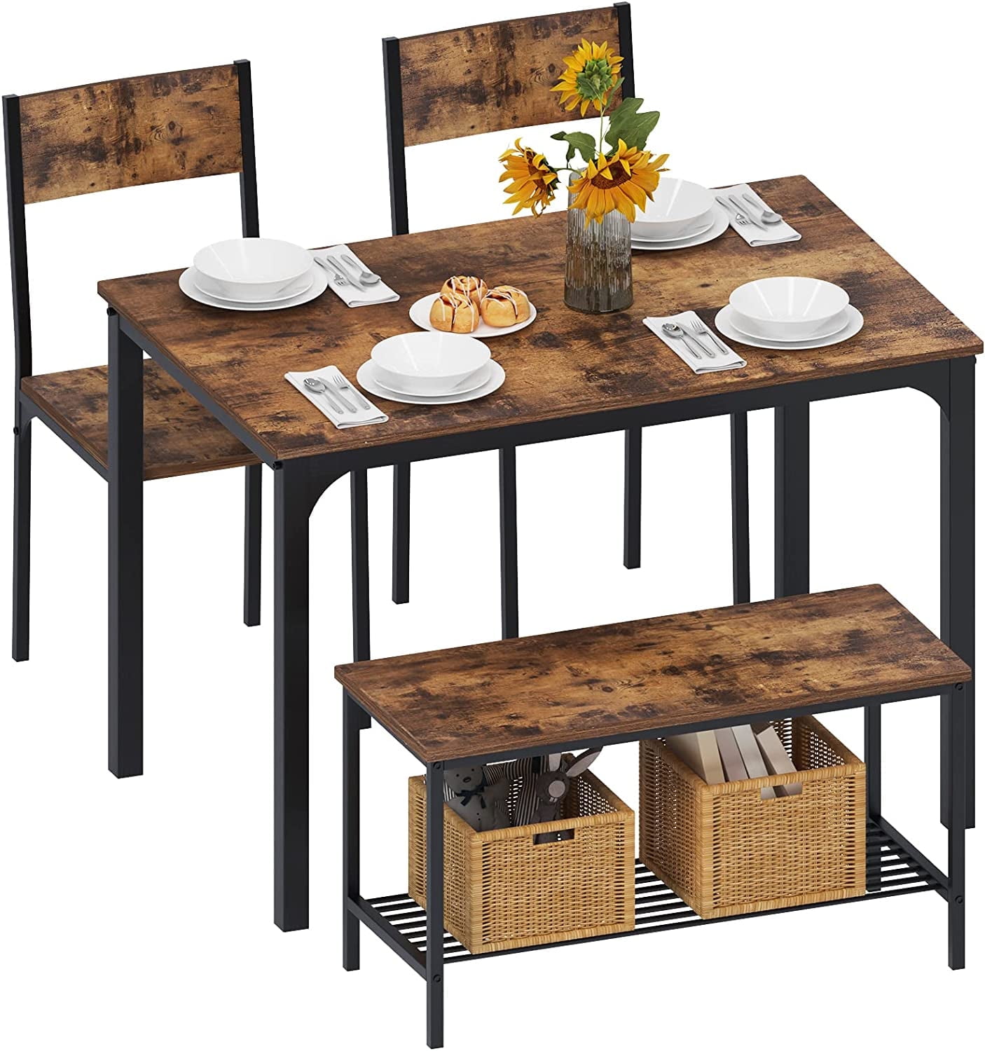 Dining Table Set for 4, Kitchen Room Table Set with Bench, 2-Piece Dining Chairs Set for Breakfast Nook - 42.9"×27.3" Retro