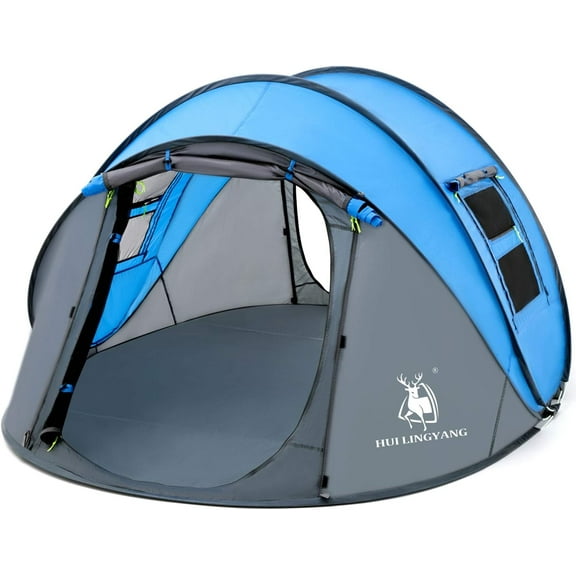 4 Person Easy Pop Up Tent,9.5'X6.6'X52'',Waterproof, Automatic Setup,2 Doors-Instant Family Tents for Camping, Hiking & Traveling, Blue