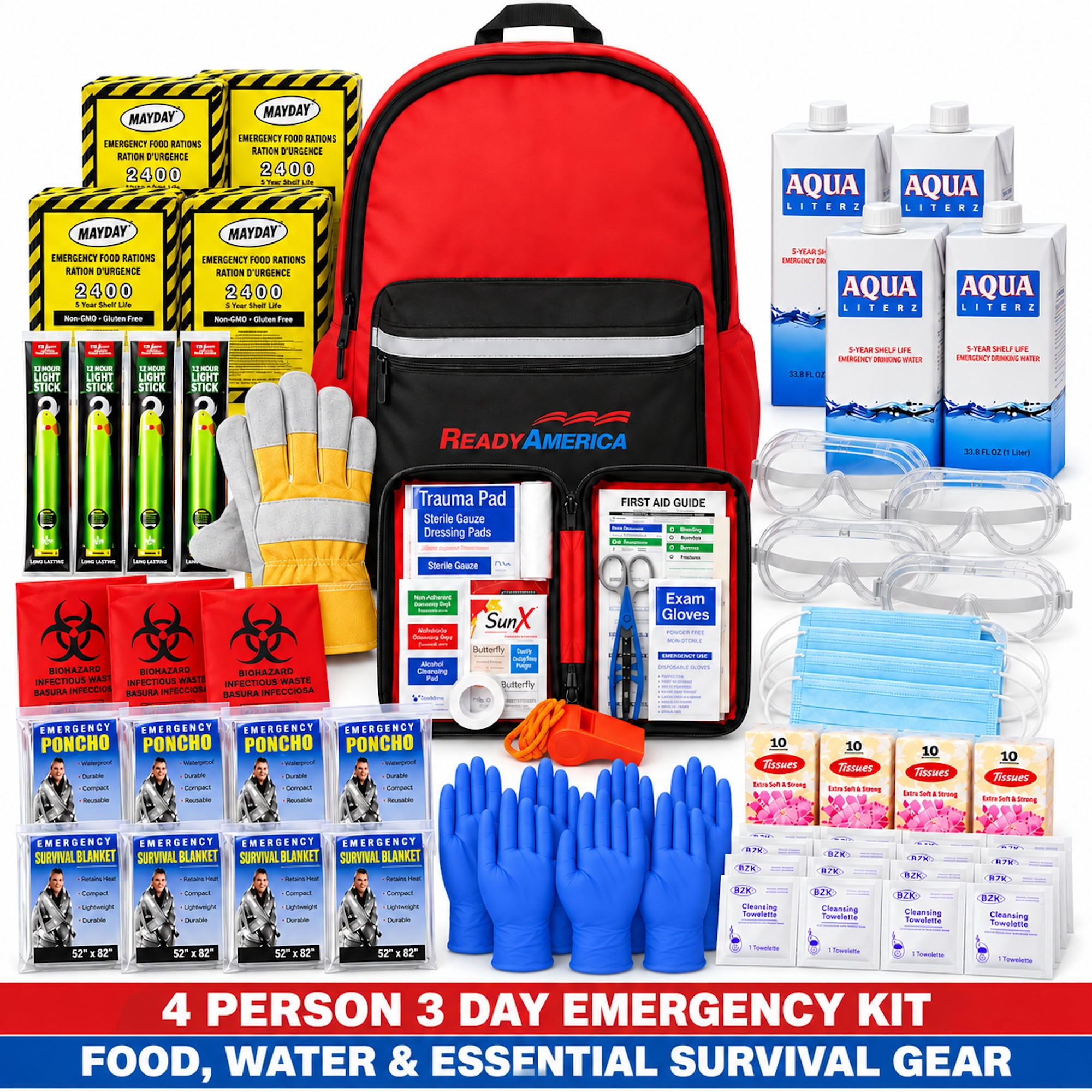 Ready America 4-Person 72-Hour Emergency Backpack with Food, Water & First Aid Supplies