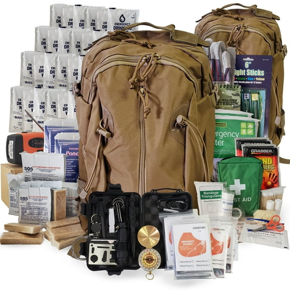4 Person Emergency Kit / Survival Backpack for 72 Hours for Natural Disasters, Hurricanes, Emergency or Bug Out Situations – Tan