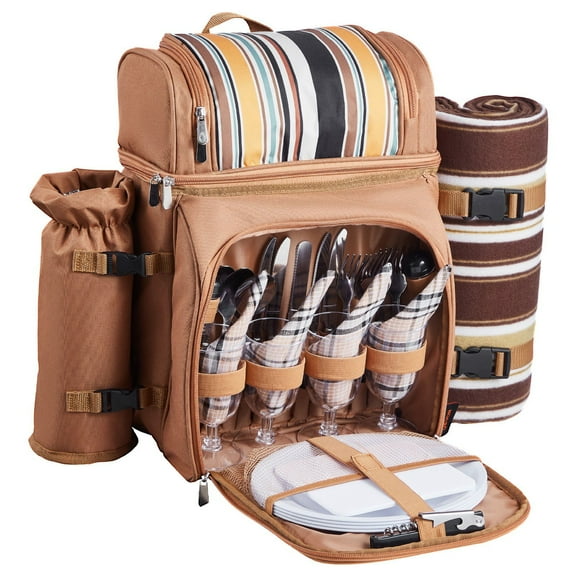 4 Person Family Beach Picnic Backpack with Leak-Proof Cooler Compartment Durable Brown