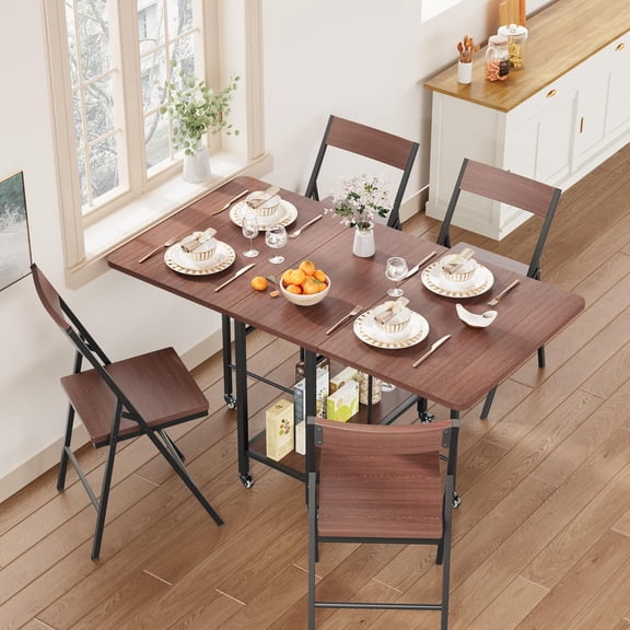 4-Person Foldable Dining Table Set with Drop Leaf Design, Rolling Swivel Wheels & 4 Matching Folding Chairs for Small Kitchen & Dining Spaces