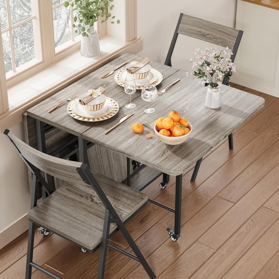 4-Person Foldable Dining Table Set with Drop Leaf Design, Rolling Swivel Wheels & 4 Matching Folding Chairs for Small Kitchen & Dining Spaces