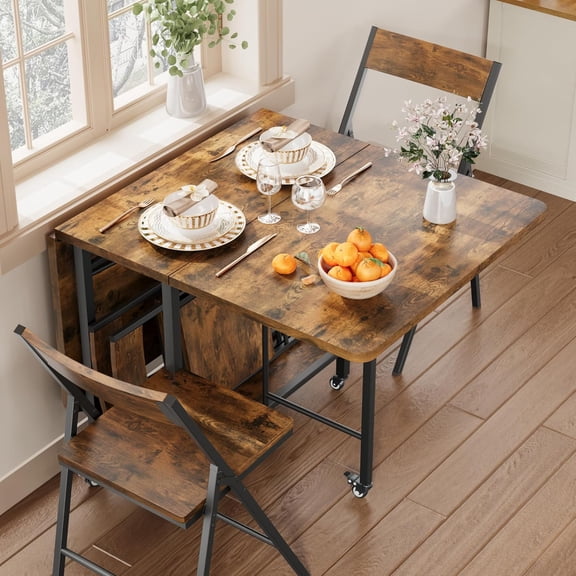 4-Person Foldable Dining Table Set with Drop Leaf Design, Rolling Swivel Wheels & 4 Matching Folding Chairs for Small Kitchen & Dining Spaces