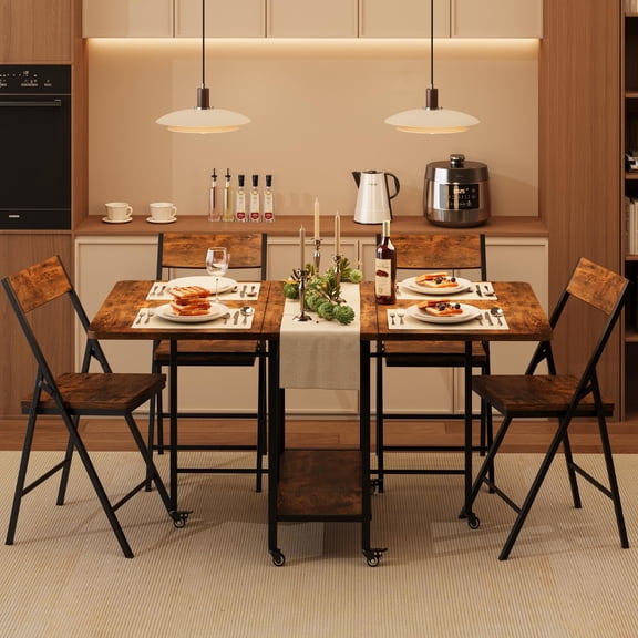 4-Person Folding Dining Table Set with 4 Folding Chairs, Drop Leaf Table with Swivel Wheels, Hideaway Space-Saving Design for Small Spaces, Kitchen, Dining Room-Brown