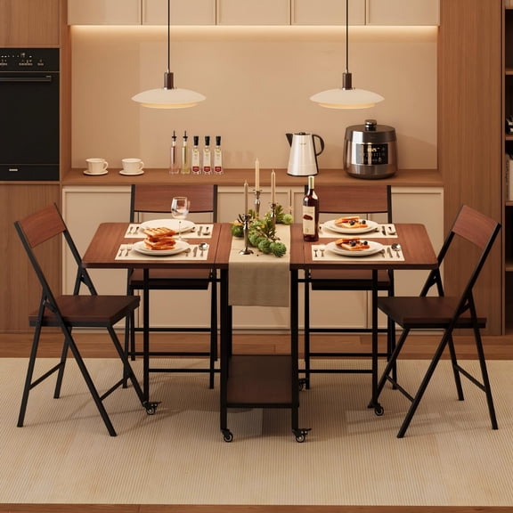 4-Person Folding Dining Table Set with 4 Folding Chairs, Drop Leaf Table with Swivel Wheels, Hideaway Space-Saving Design for Small Spaces, Kitchen, Dining Room-Walnut