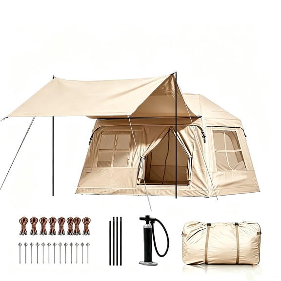 4 Person Inflatable Camping Tent, Easy Setup Blow Up with Hand Pump, Mesh Windows & Canopy Included for Easy Taking, Waterproof & Breathable 4 Season Glamping Tent for Outdoor Camping, Khaki