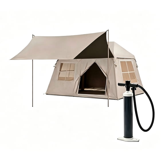 4 Person Inflatable Camping Tent, Easy Setup Blow Up with Hand Pump, Mesh Windows & Canopy Included for Easy Taking, Waterproof & Breathable 4 Season Glamping Tent for Outdoor Camping, Khaki