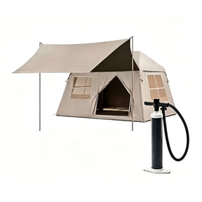 4 Person Inflatable Camping Tent, Easy Setup Blow Up with Hand Pump, Mesh Windows & Canopy Included for Easy Taking, Waterproof & Breathable 4 Season Glamping Tent for Outdoor Camping, Khaki