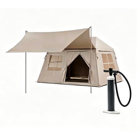 4 Person Inflatable Camping Tent, Easy Setup Blow Up with Hand Pump, Mesh Windows & Canopy Included for Easy Taking, Waterproof & Breathable 4 Season Glamping Tent for Outdoor Camping, Khaki
