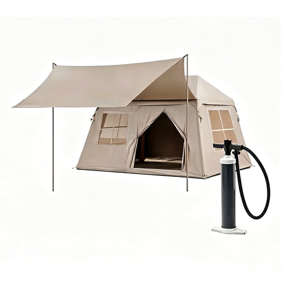4 Person Inflatable Camping Tent, Easy Setup Blow Up with Hand Pump, Mesh Windows & Canopy Included for Easy Taking, Waterproof & Breathable 4 Season Glamping Tent for Outdoor Camping, Khaki