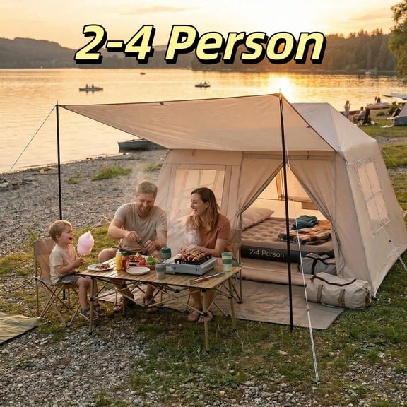 2-4 Person Inflatable Camping Tent with Canopy ,Quick Setup Blow Up Tents with Pump,Mesh Window, Waterproof PVC Inflatable House for Family Camping,