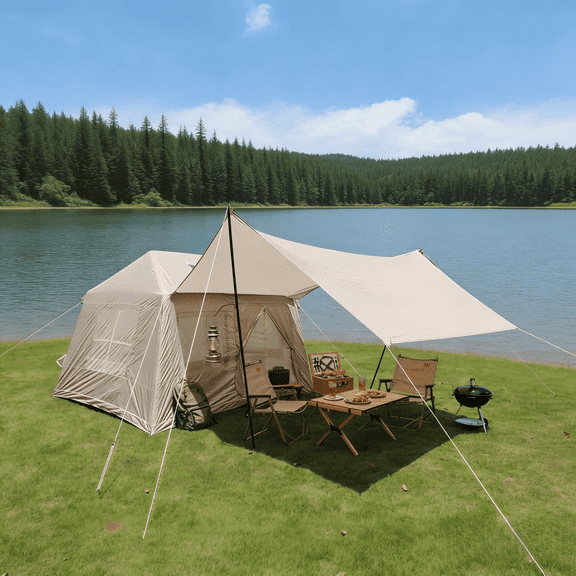 4 Person Inflatable Camping Tent, Portbale Waterproof Glamping Tents for Outdoor Family, Easy Setup, 4 Season Windproof Outdoor Cotton Tent with Stove Jack & Mesh Windows & Pump