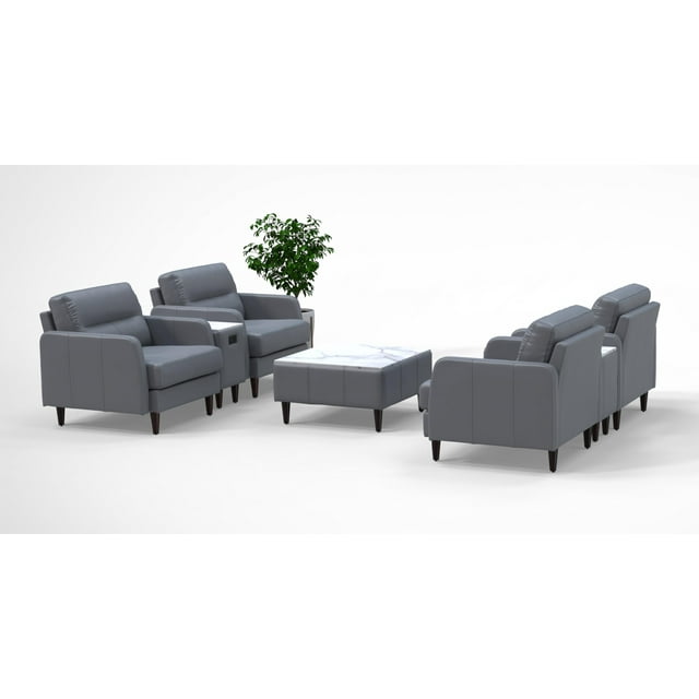 4 Person Lobby Waiting Reception Lounge Chairs Set with Charging Tables Genuine 100% Leather Color Graphite Gray Corporate Offices Commercial Retail Spaces Model 9090 7pc