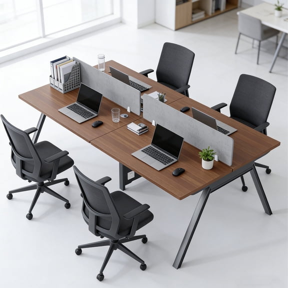 4-Person Office Desk with Partition, Modern Workstation Desk with Cable Management, 8FT Computer Desk for Home Office, Wood Grain Top & Metal Frame