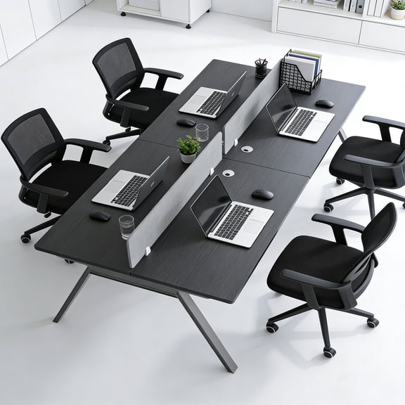 4-Person Office Desk with Partition, Modern Workstation Desk with Cable Management, 8FT Computer Desk for Home Office, Wood Grain Top & Metal Frame