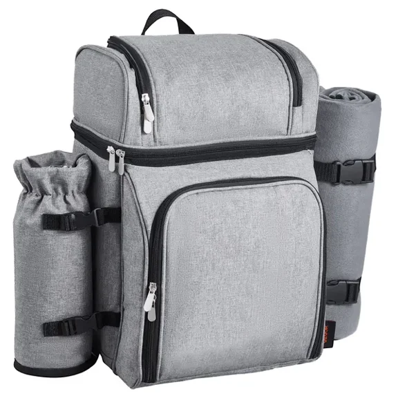 4 Person Picnic Backpack with Insulated Cooler Detachable Wine Holder Lightweight Blanket Plates Cutlery Set for Beach Hiking Camping Grey