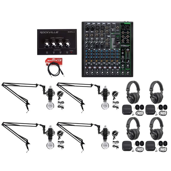 4-Person Podcast Podcasting Recording Kit w/Mackie ProFX10 v3 Mixer+Boom Arms