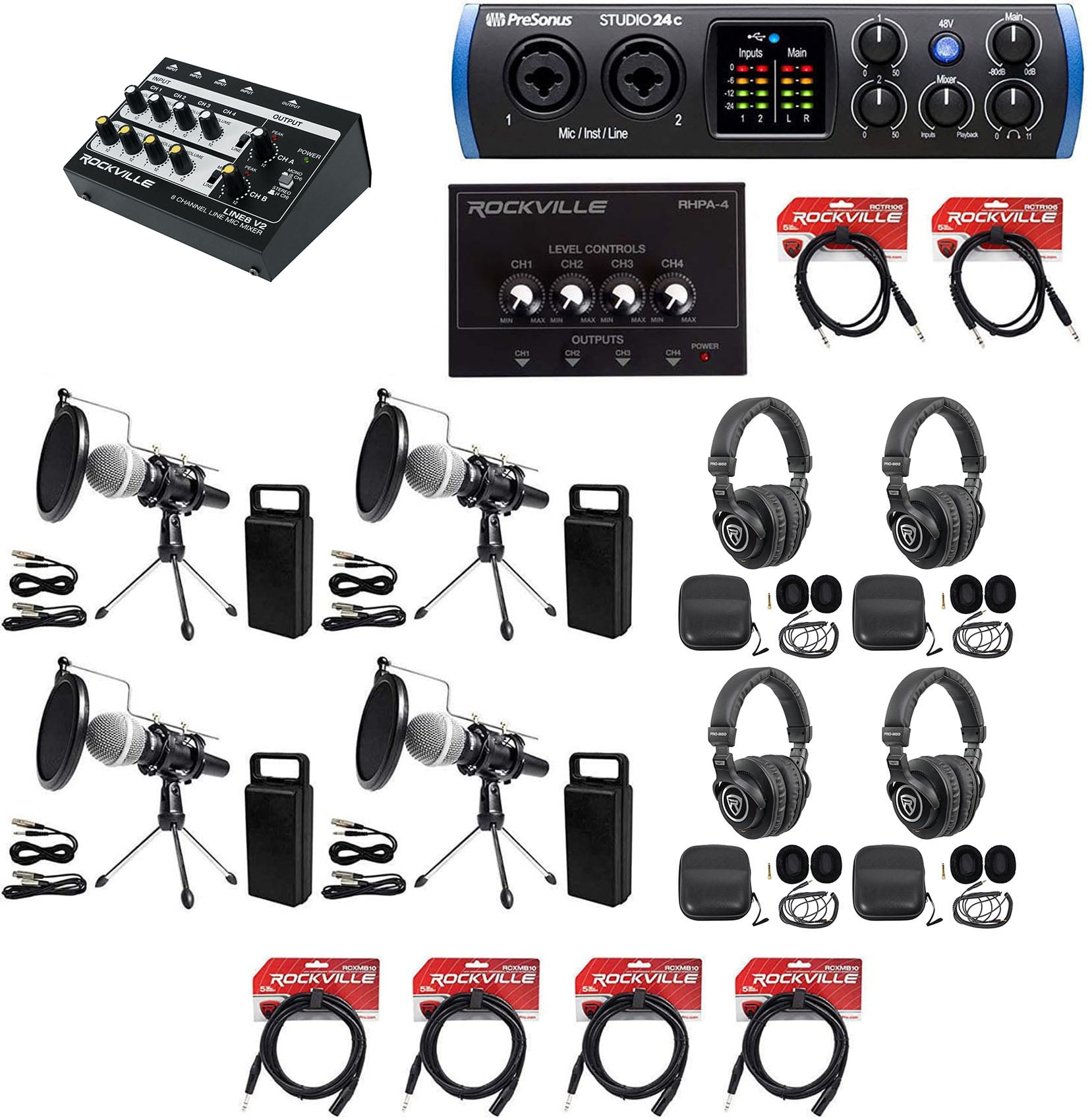 4-Person Podcast Podcasting Recording Kit w/Presonus STUDIO 24C ...
