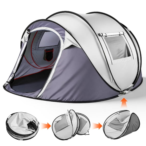 4 Person Pop Up Tent for Camping, Waterproof Instant Family Tent with Front Awning, Automatic Tent Throw Pop Up Instant Flip Pop Tent for Camping, Light Gray