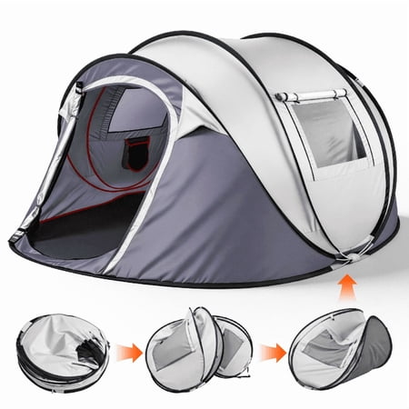 4 Person Pop Up Tent for Camping, Waterproof Instant Family Tent with Front Awning, Automatic Tent Throw Pop Up Instant Flip Pop Tent for Camping, Traveling, Light Gray
