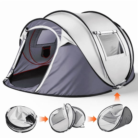4 Person Pop Up Tent for Camping, Waterproof Instant Family Tent with Front Awning, Automatic Tent Throw Pop Up Instant Flip Pop Tent for Camping, Traveling, Light Gray
