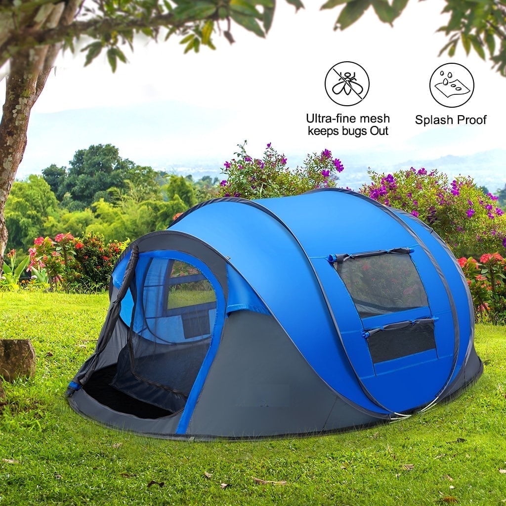 Carpa para 4 personas tipo pop up para campamento, GVDV impermeable, tamaño grande mejorado con 2 puertas, azul